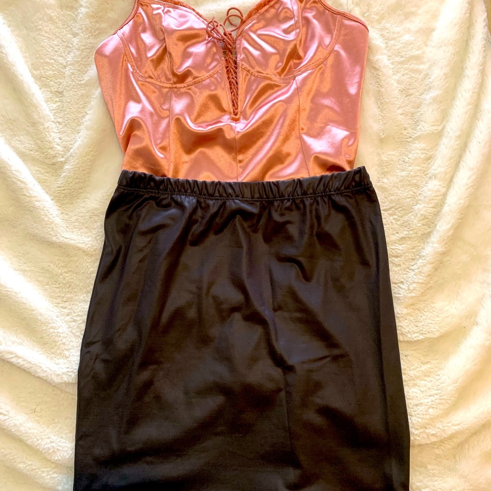 Bodysuit knit top and gray skirt